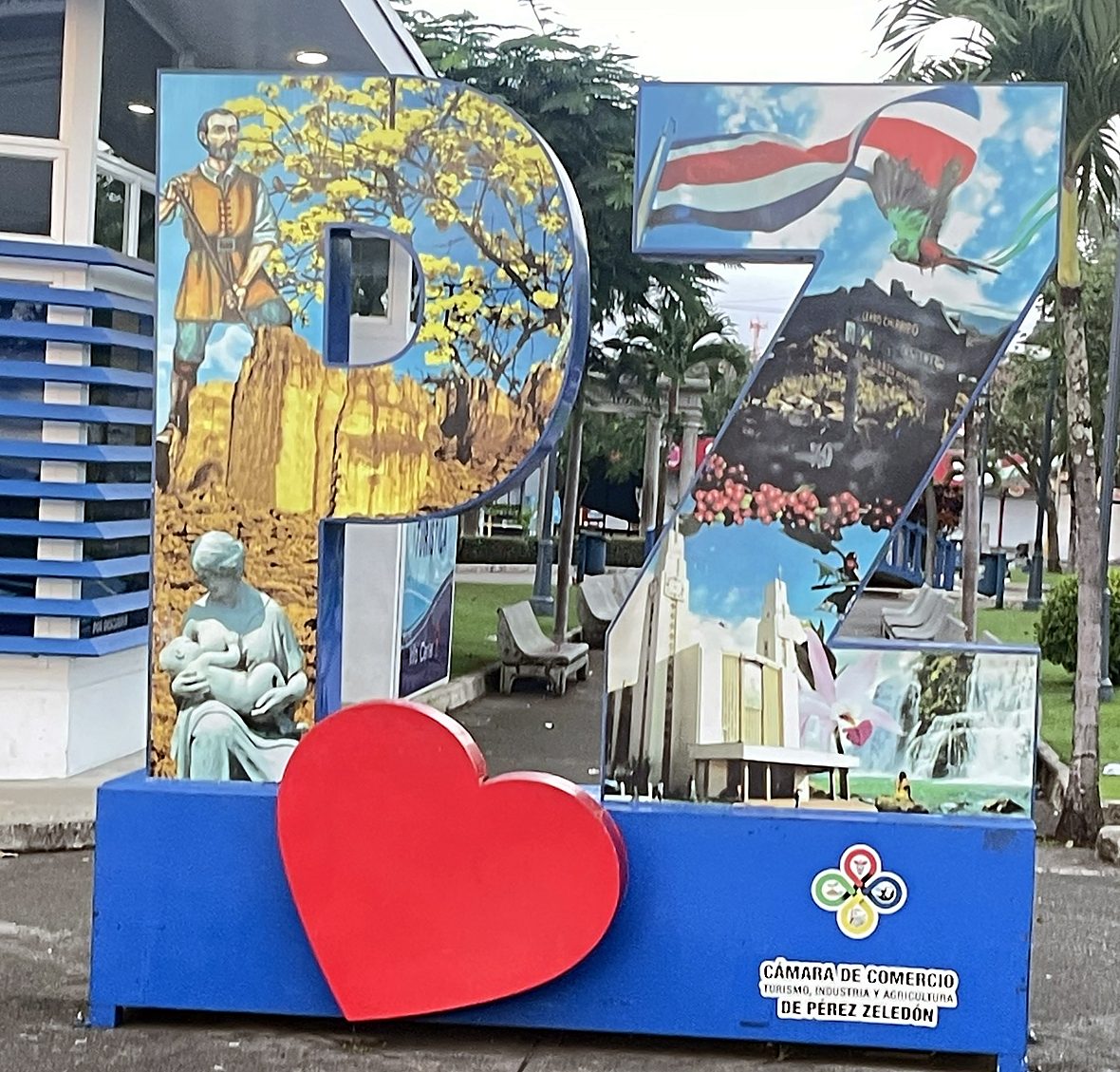 The colorful PZ letters with a red heart in the park of San Isidro, Pérez Zeledón