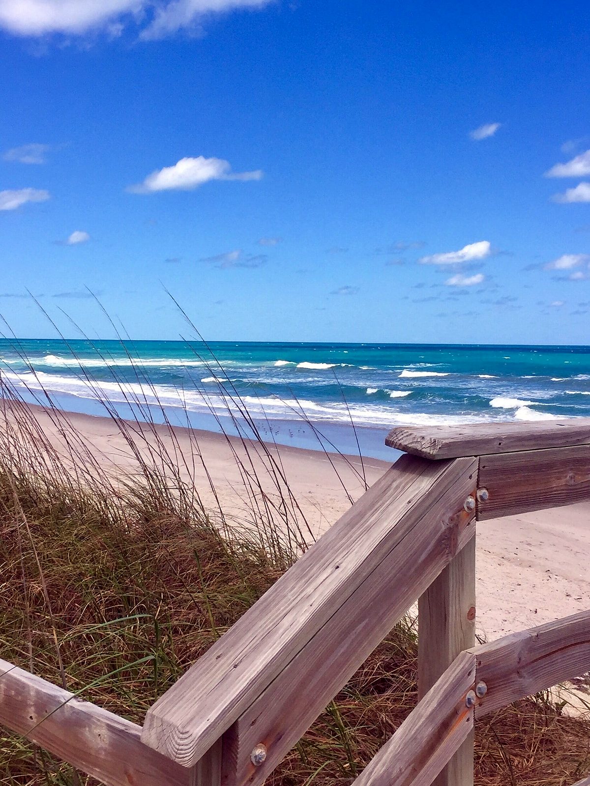 Waves and sea oats seen from a wooden beach walkway on the Space Coast