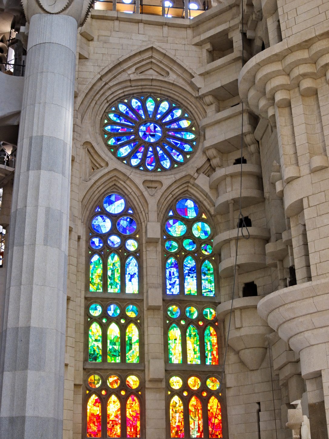 Colorful stained glass windows inside the Sagrada Família