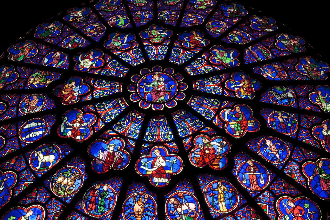 The rose window inside Notre Dame in Paris