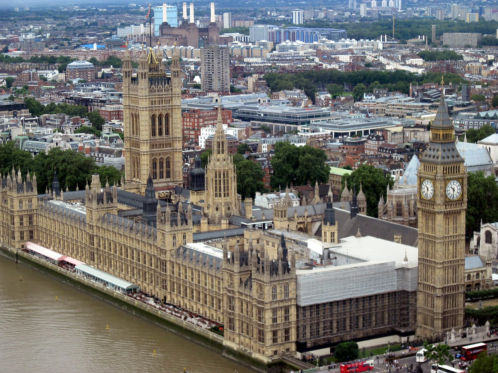 The Houses of Parliament and Big Ben seen from above, London